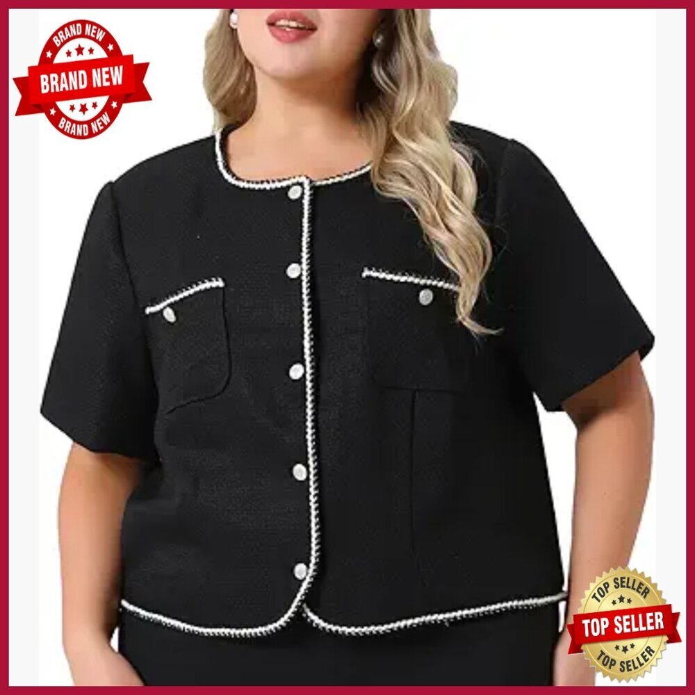 Plus Size Tweed Blazer Collarless Short Sleeve Button Down Open Front